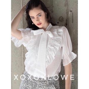 POL White Ruffles & Bow Puff Sleeves Blouse